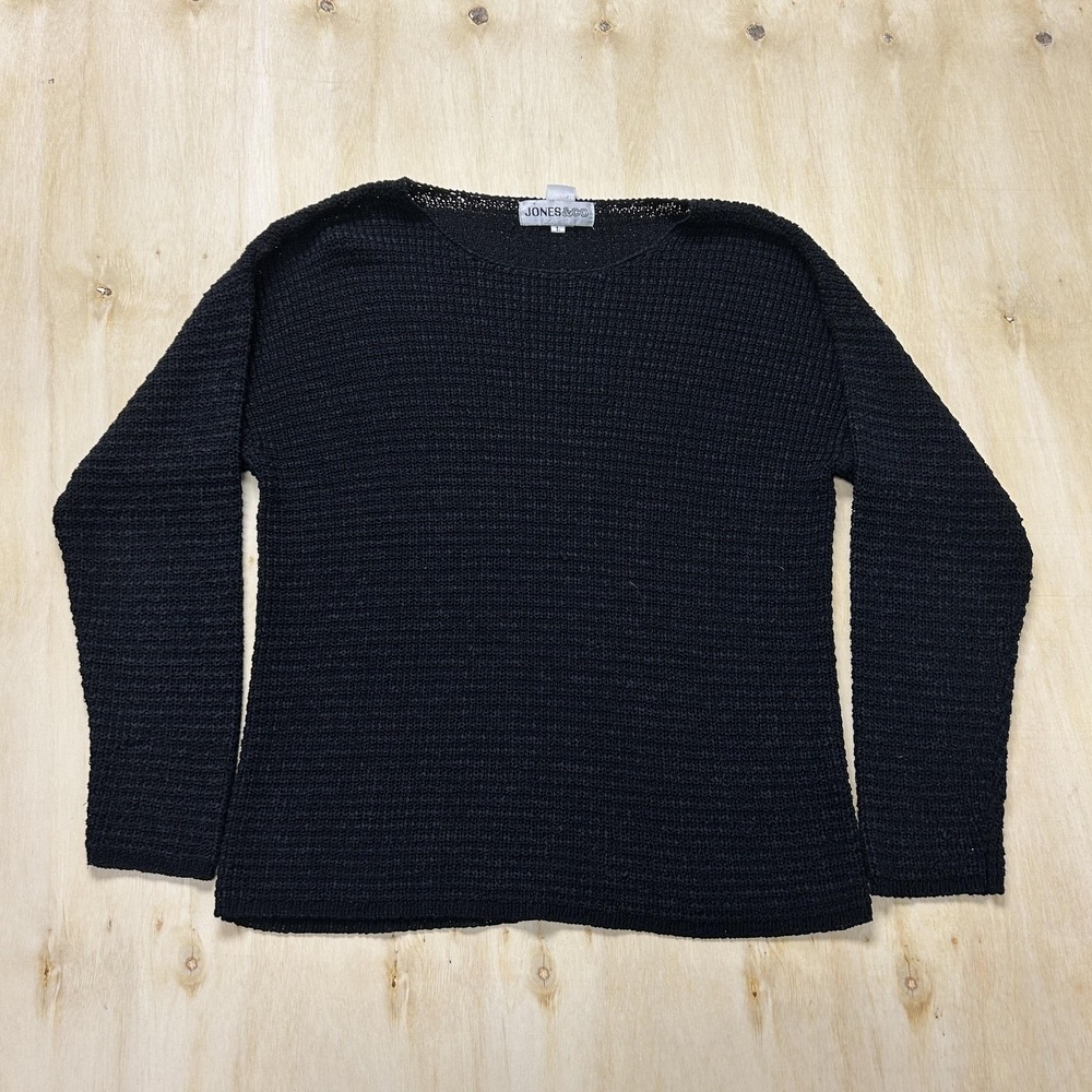 Vintage Jones & Co Sweater Womens Large Black Waffle Knit Crew Neck Long Sleeve